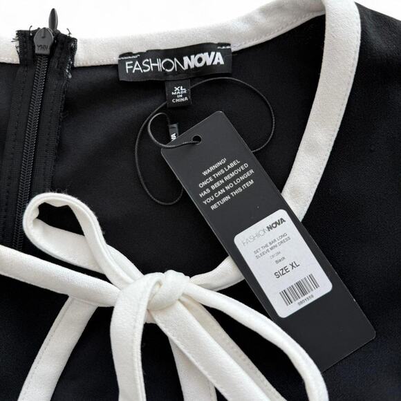 Fashion Nova Set The Bar Mini Dress NWT Black White Bow Long Sleeve Women’s XL - Picture 6 of 8